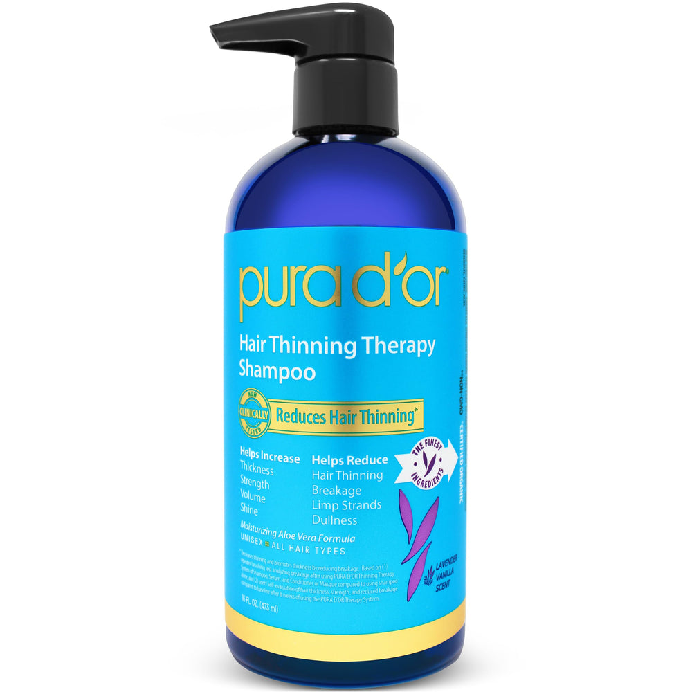 PURA D'OR hair thinning therapy shampoo bottle with label, suggesting stronger, nourished strands.