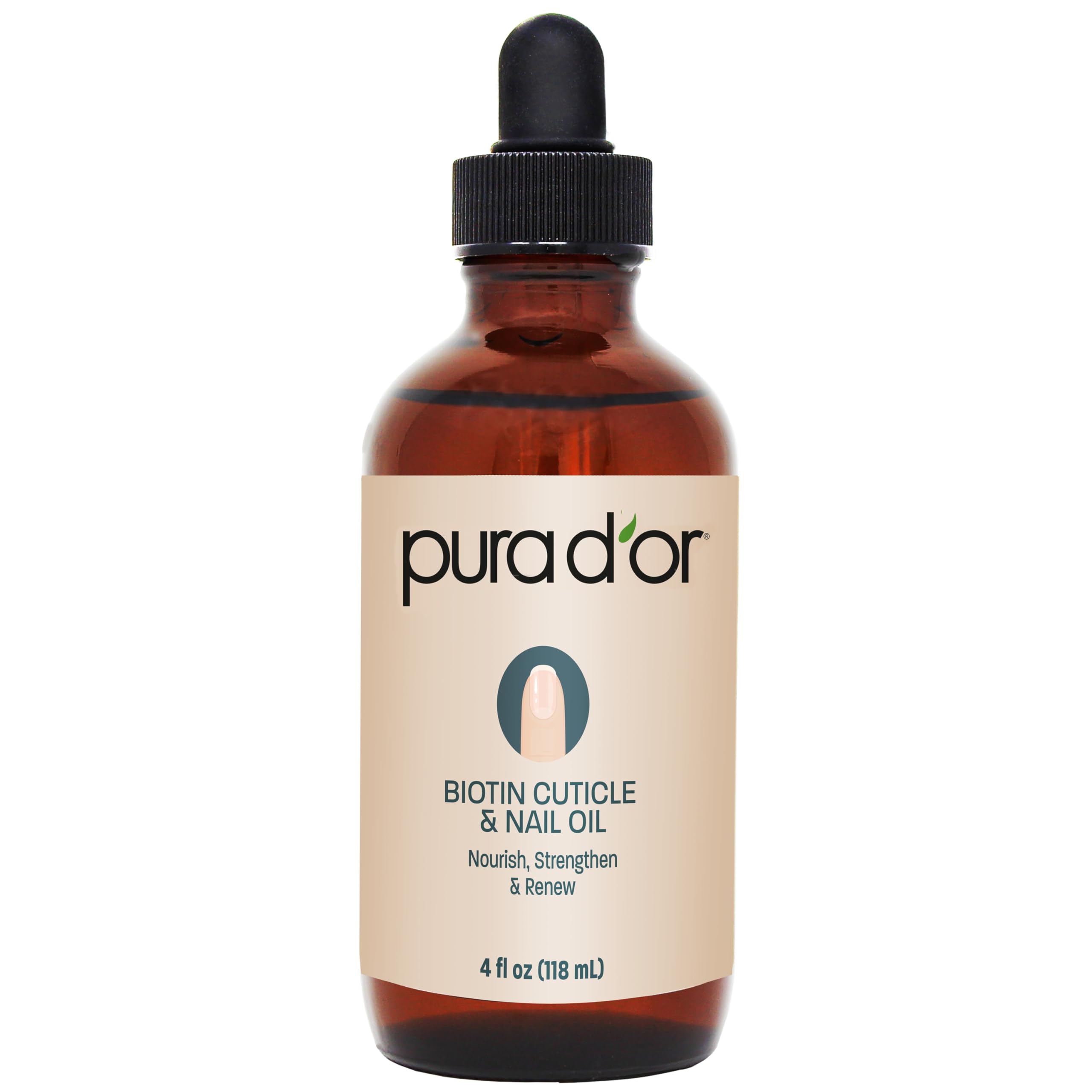 PURA D'OR nail cuticle oil bottle with dropper for daily hydrating treatment and stronger nails.
