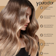 PURA D'OR organic ingredients list including argan oil and vitamin E for nourishment.
