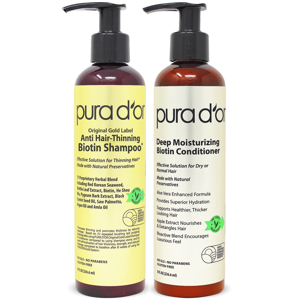PURA D'OR Original Gold Label shampoo bottle — premium cleansing for thicker-looking hair.