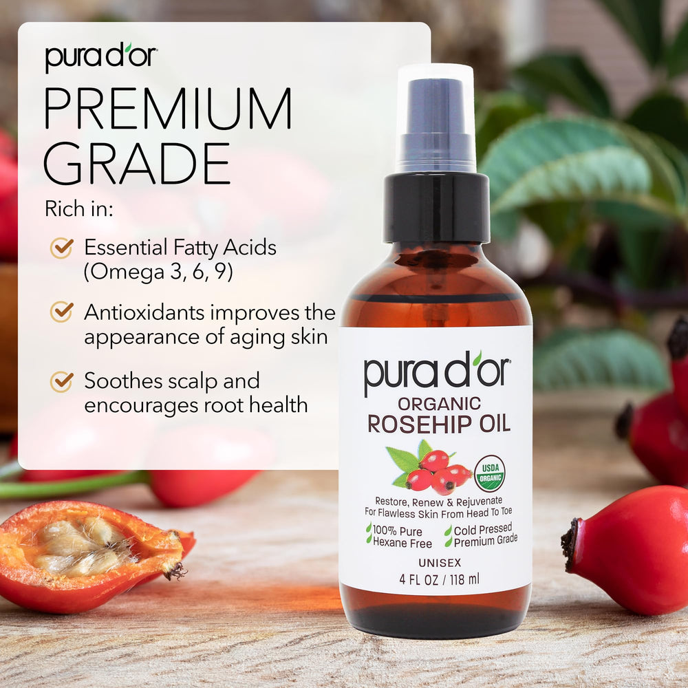 PURA D'OR Rosehip Seed Oil used for hair-relaxer to tame frizz.