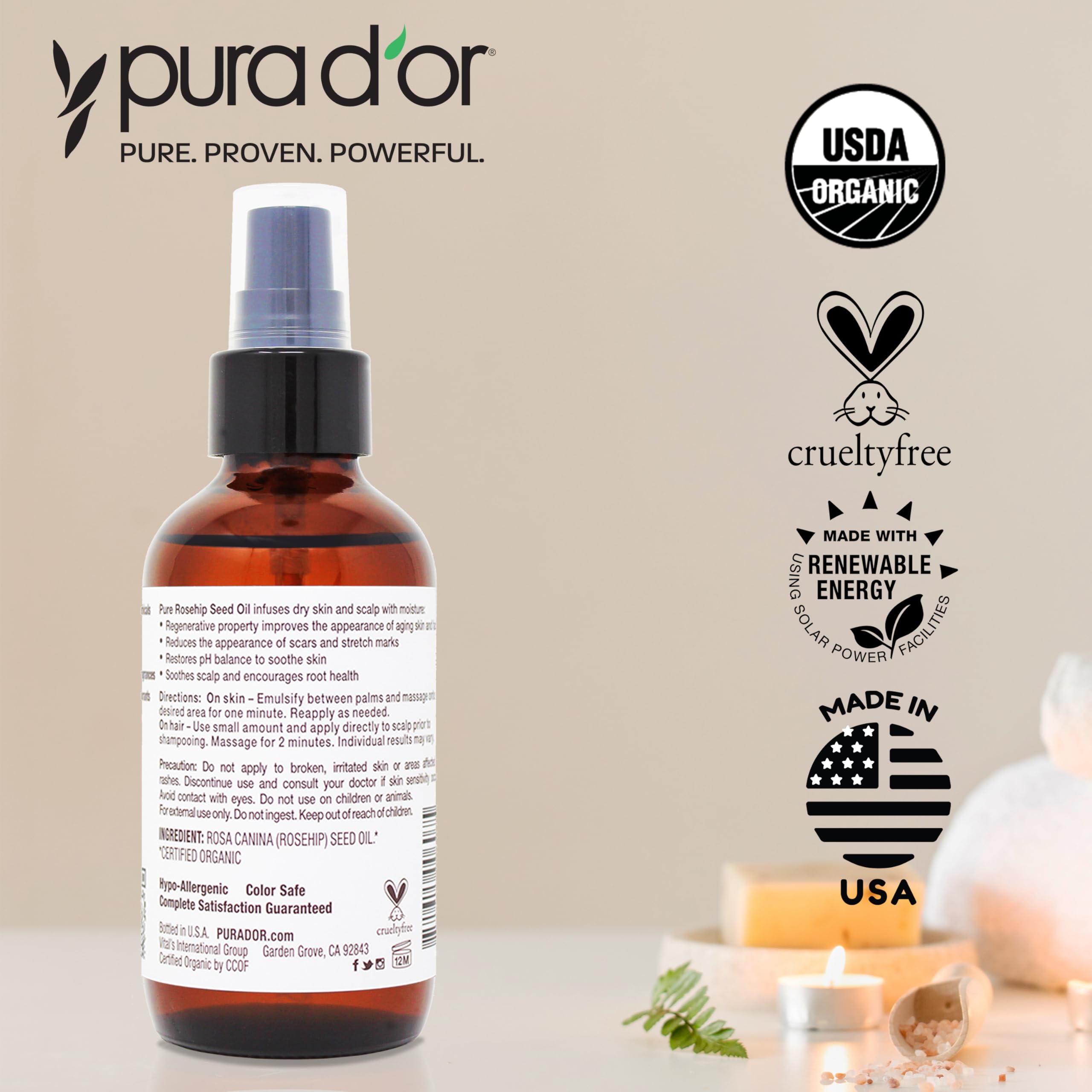 PURA D'OR Rosehip Seed Oil packaging preserves purity and freshness.