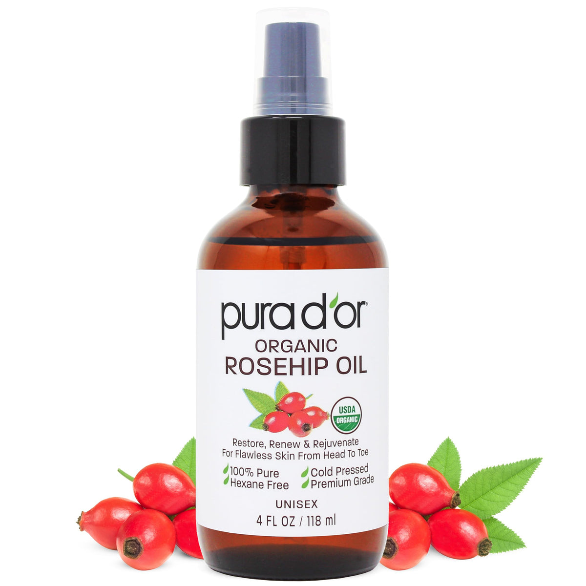 PURA D'OR Rosehip Seed Oil pump bottle for mess-free, hygienic use.
