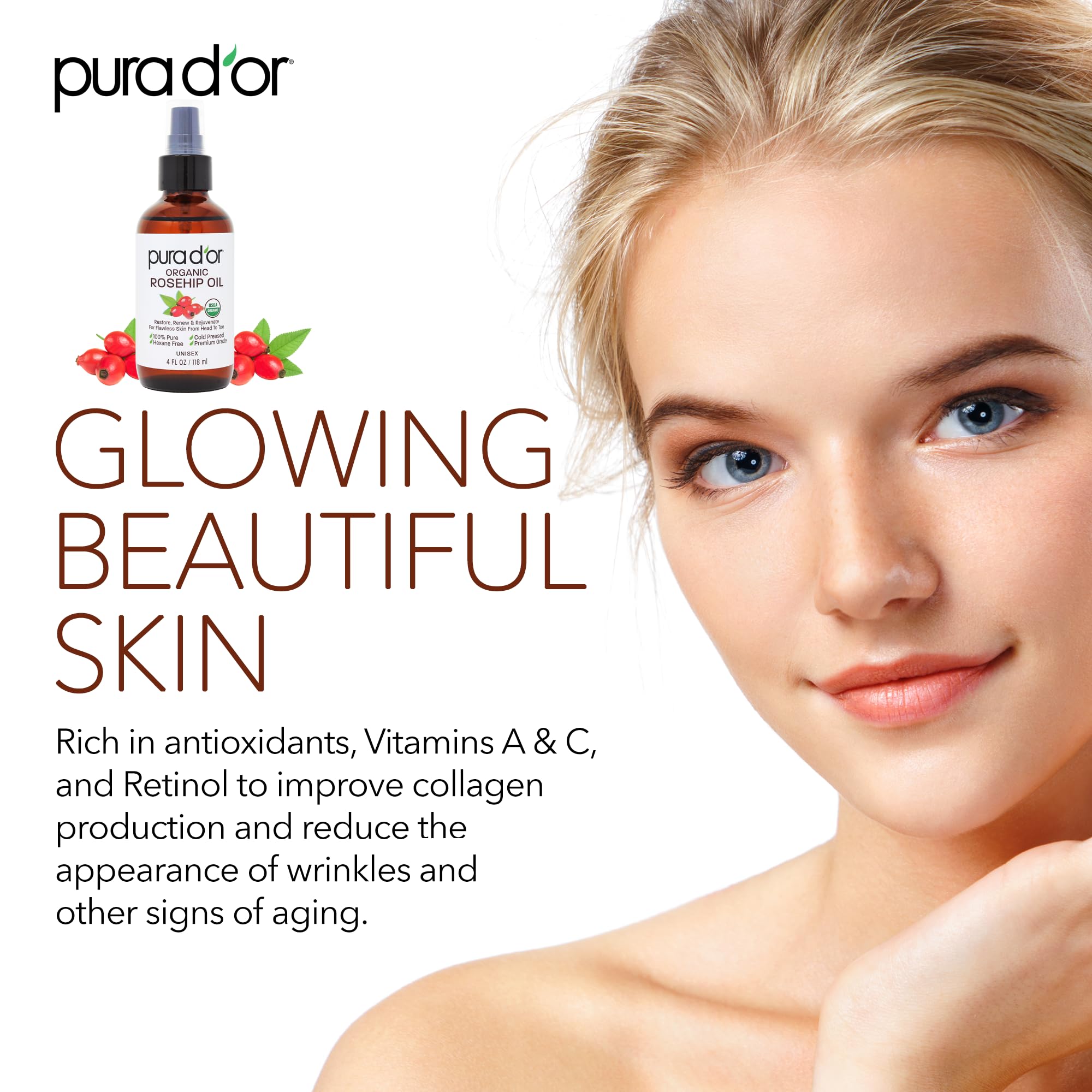 PURA D'OR Rosehip Seed Oil may support scar and stretch-mark appearance.