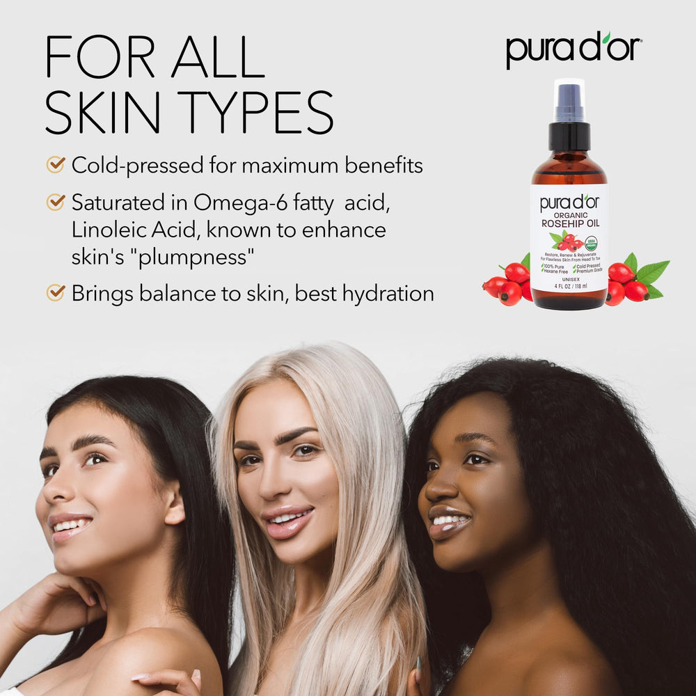 PURA D'OR Rosehip Seed Oil provides skin hydration for daily care.