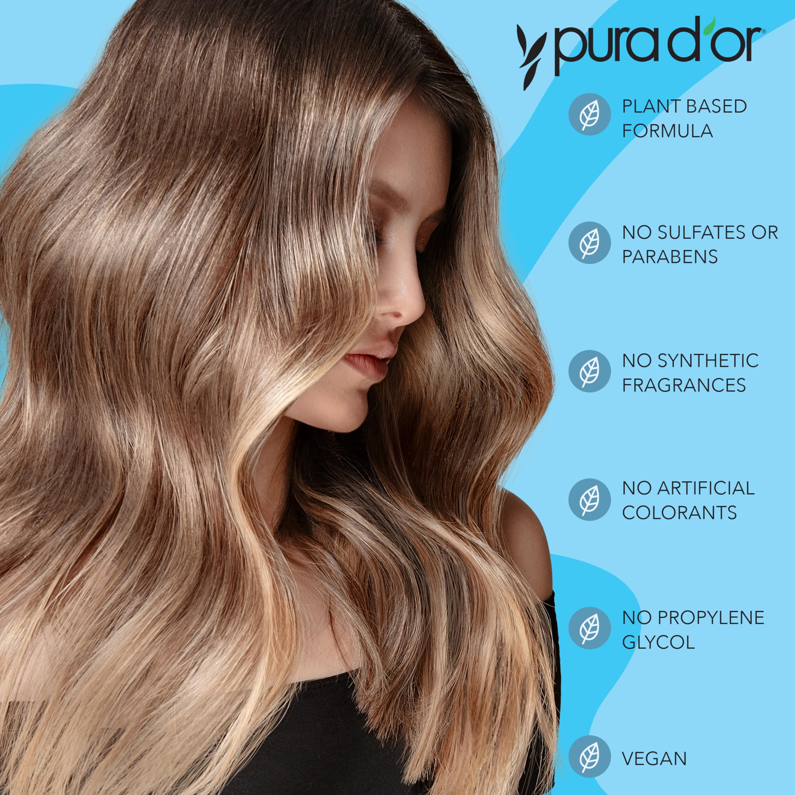 PURA D'OR scalp-care therapy application close-up emphasizes soothing ingredients.