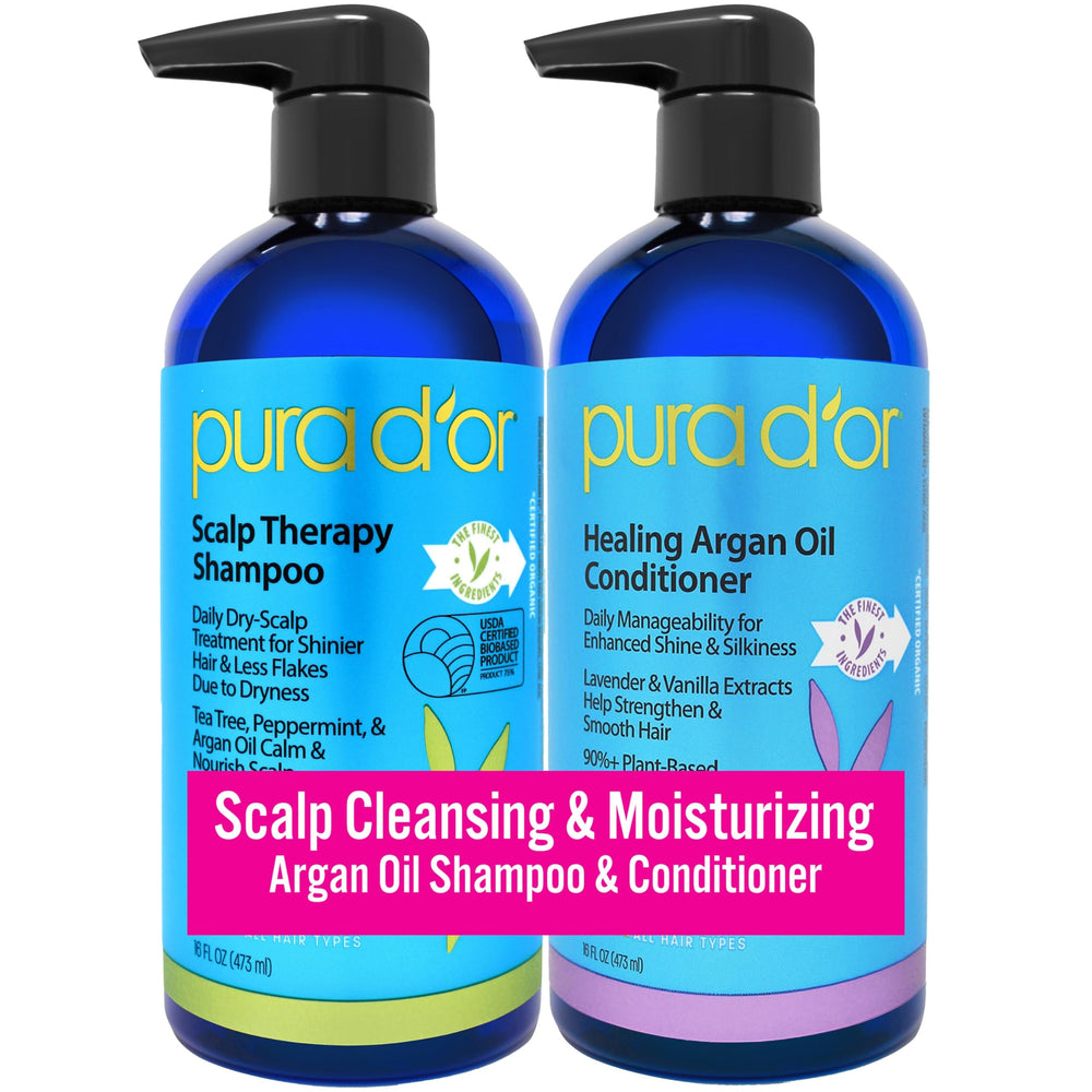 PURA D'OR Scalp Therapy Shampoo bottle with tea tree and peppermint for soothing scalp care.