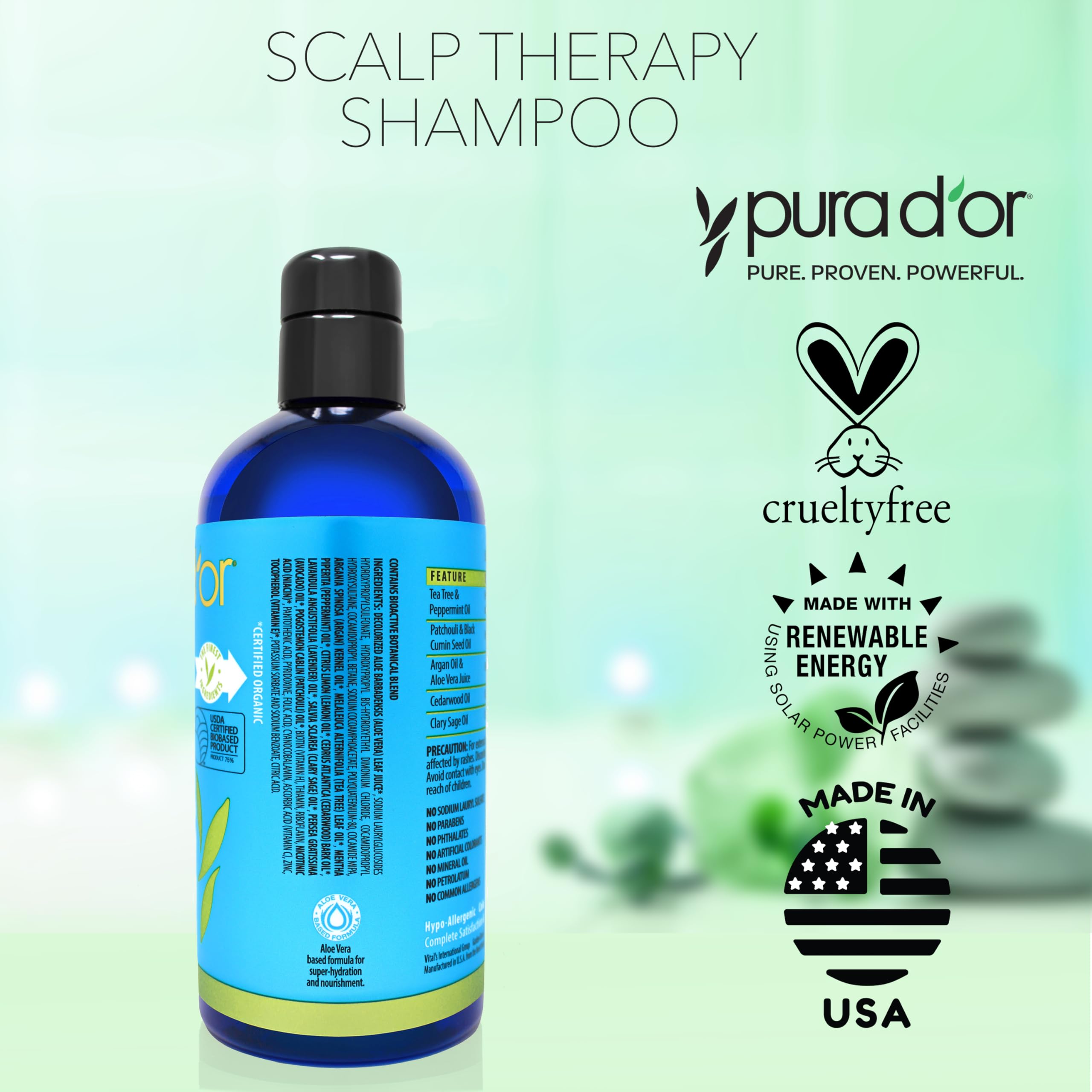 PURA D'OR Therapy Shampoo packaging variations on display