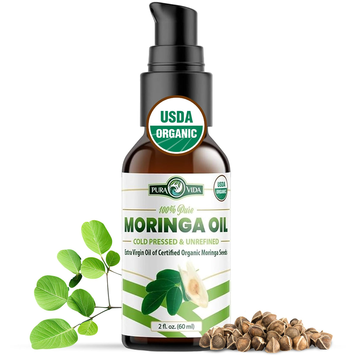 PURA VIDA MORINGA OIL bottle-front shows pure organic oil for facial care