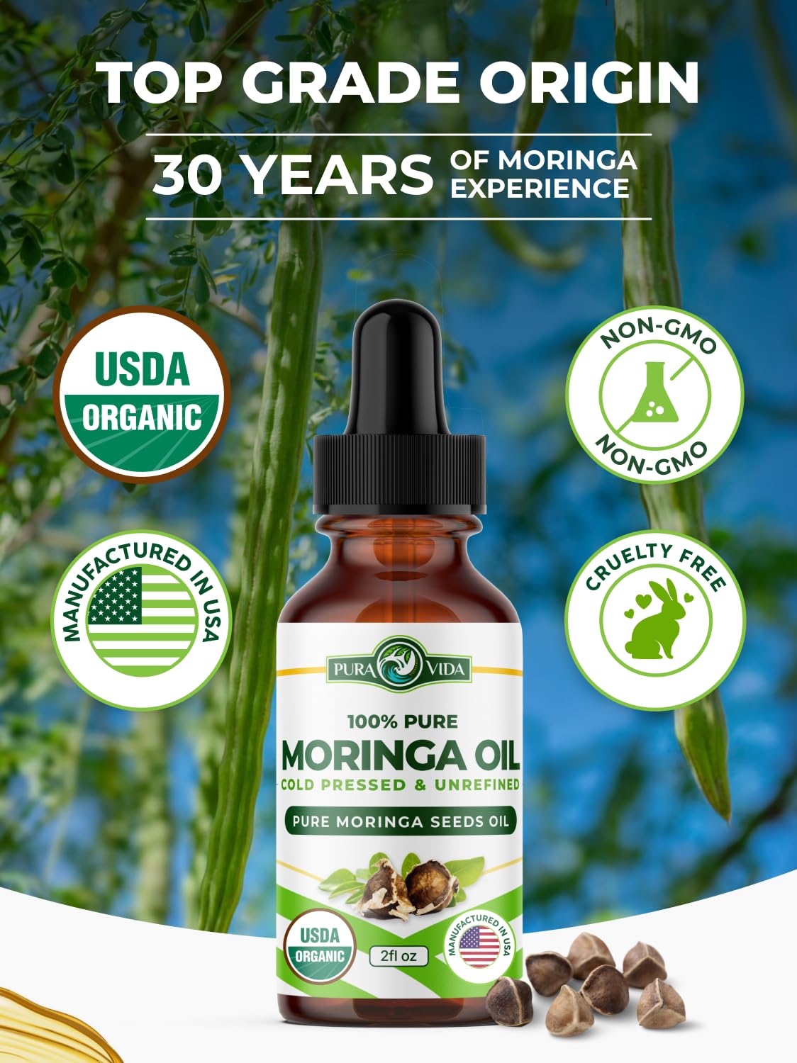 PURA VIDA MORINGA OIL pump-application demonstrates easy dosing for skin and hair routines