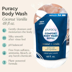 Puracy Body Wash bottle backlit splash suggesting gentle cleansing for sensitive skin.