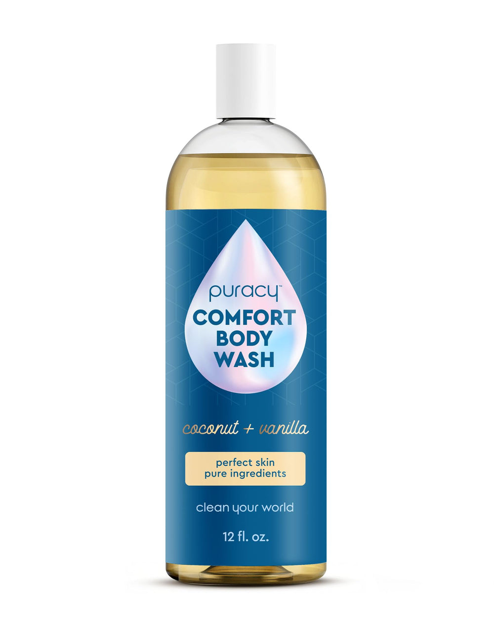 Puracy Body Wash bottle closeup highlighting plant-based formula and moisturizing benefits.