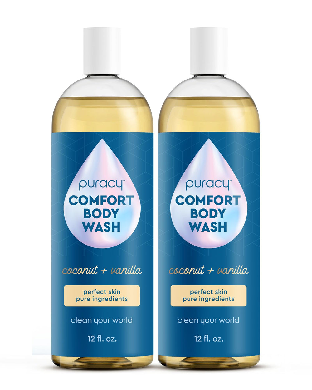 Puracy body wash bottle with coconut-vanilla scent highlighting gentle cleansing