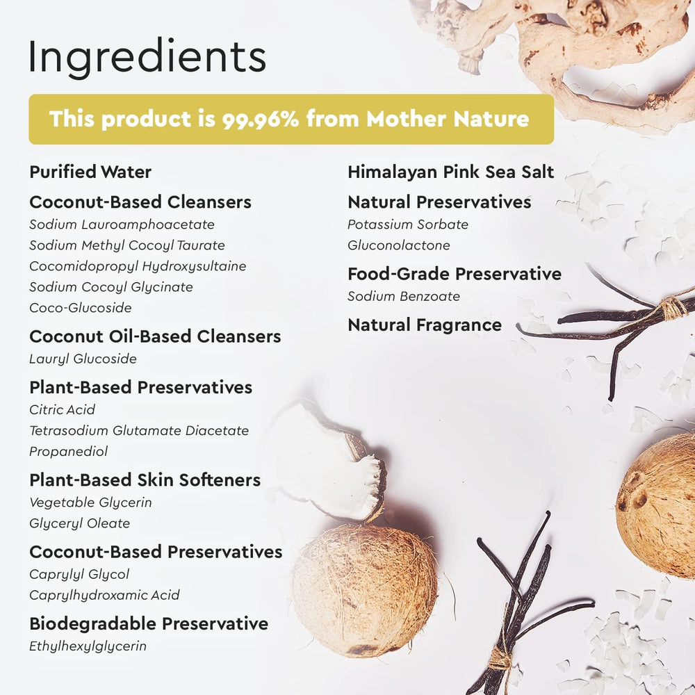 Puracy coconut-vanilla scent on bottle conveys calming aromatics for bath.