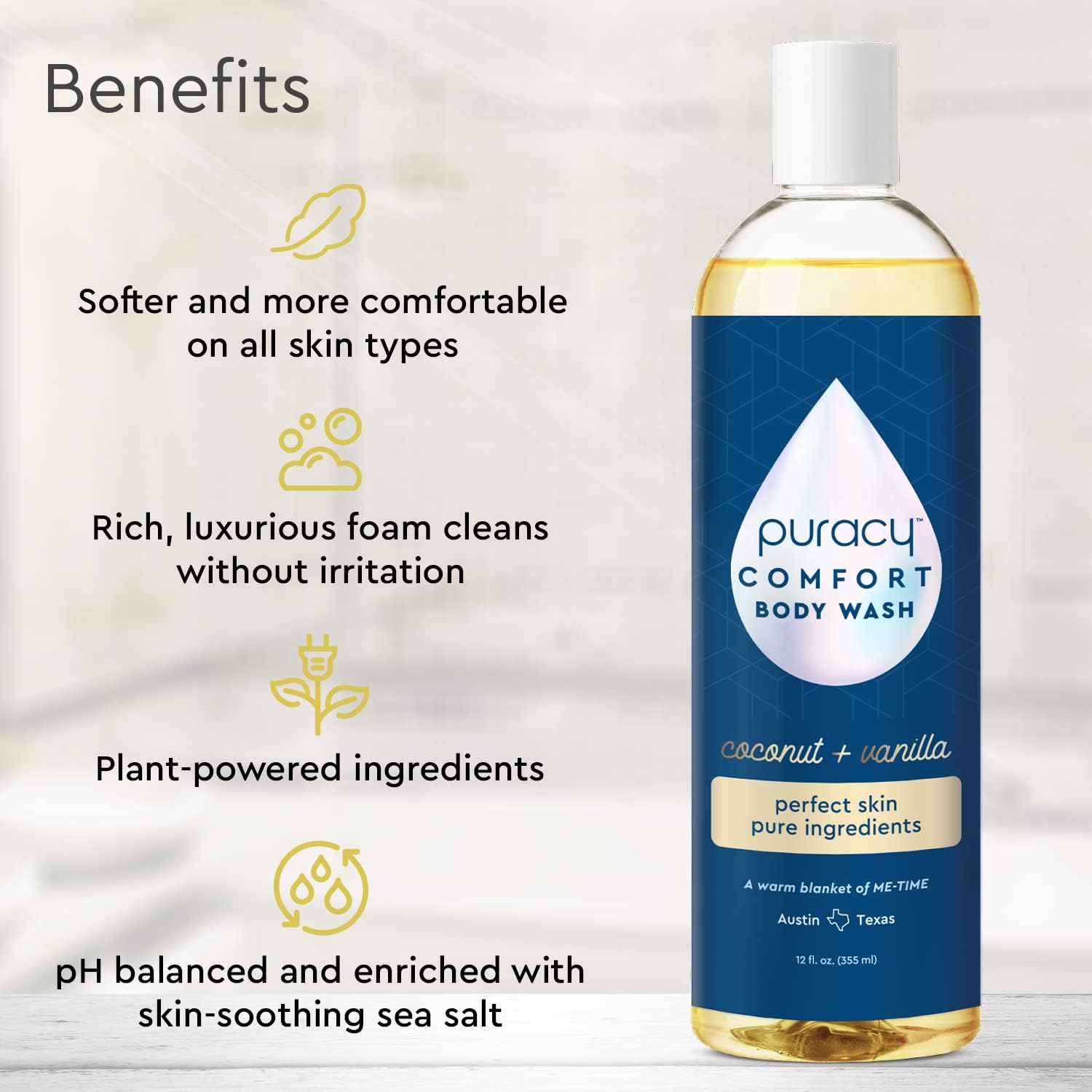 Puracy Body Wash label front highlights coconut-vanilla scent and natural ingredients.