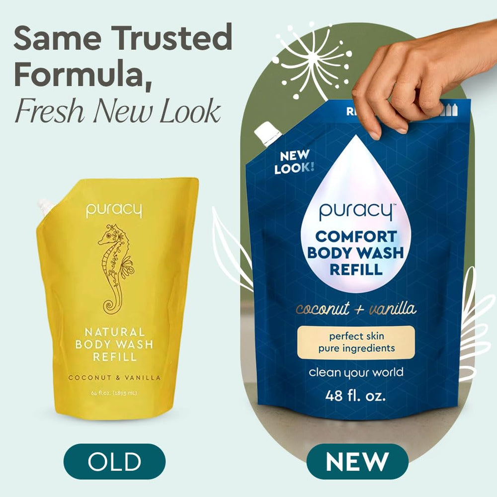 Puracy Body Wash plant ingredients label highlights 98.6% plant-powered formula.