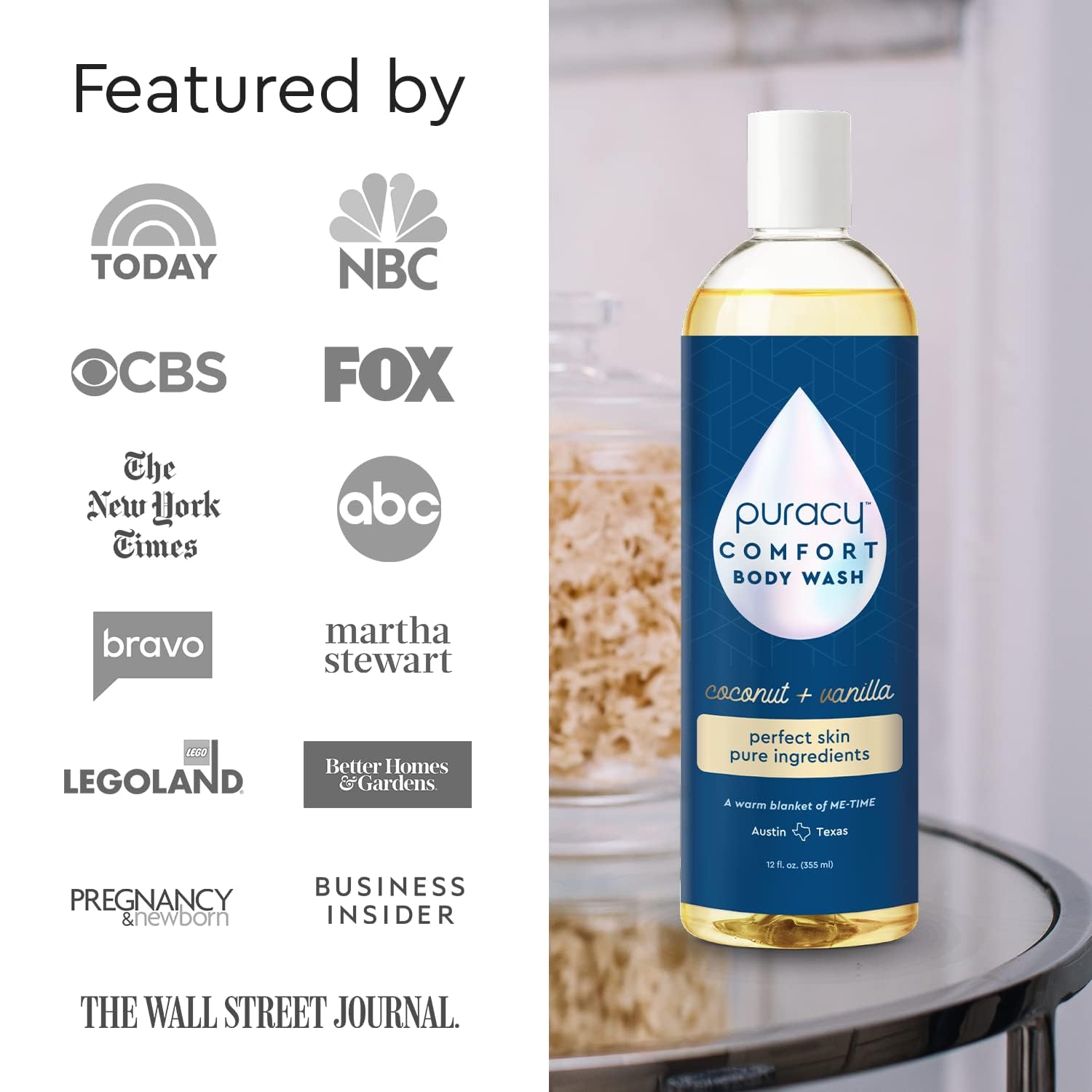 Puracy Body Wash pump-dispense shows easy, controlled dosing for showers.