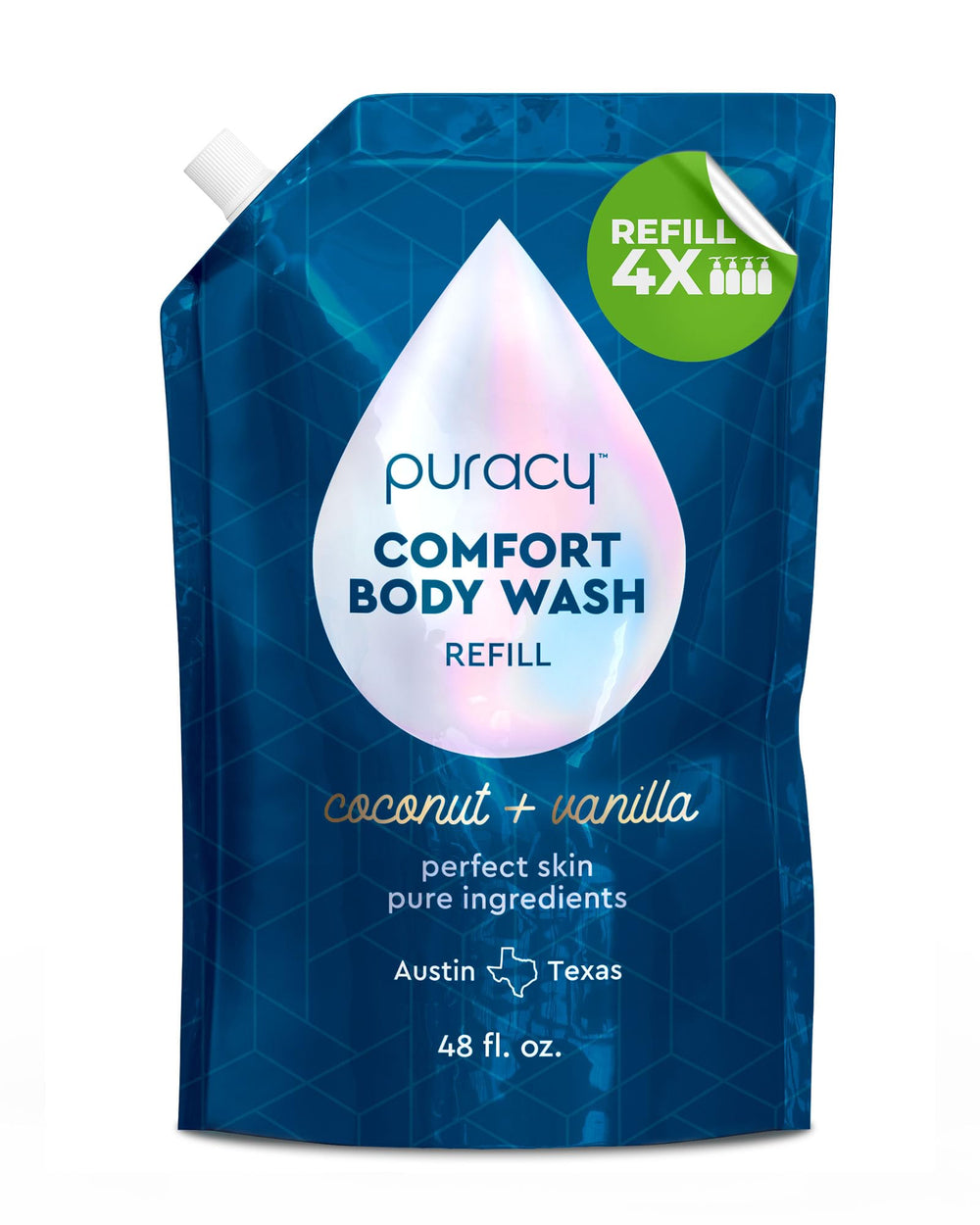 Puracy Body Wash refill bottle with coconut vanilla scent for eco-friendly showers.