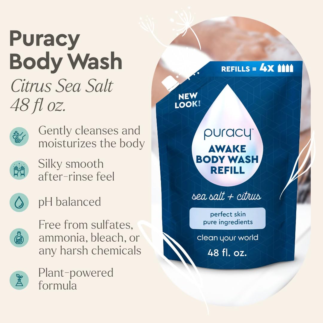 Puracy body wash refill pour depicts smooth stream for easy application and lather.