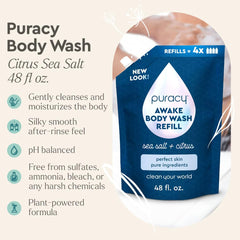 Puracy body wash refill pour depicts smooth stream for easy application and lather.