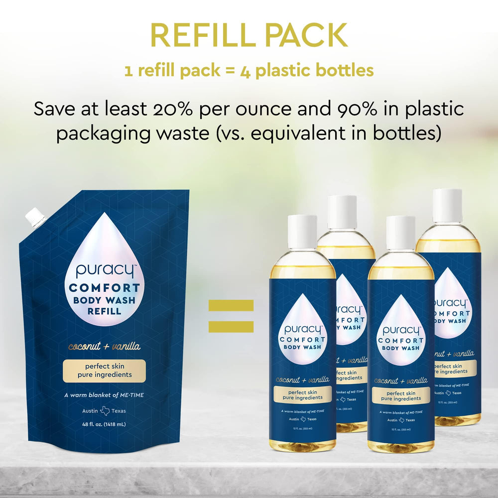 Puracy Body Wash in shower with loofah shows soothing lather for daily cleansing.