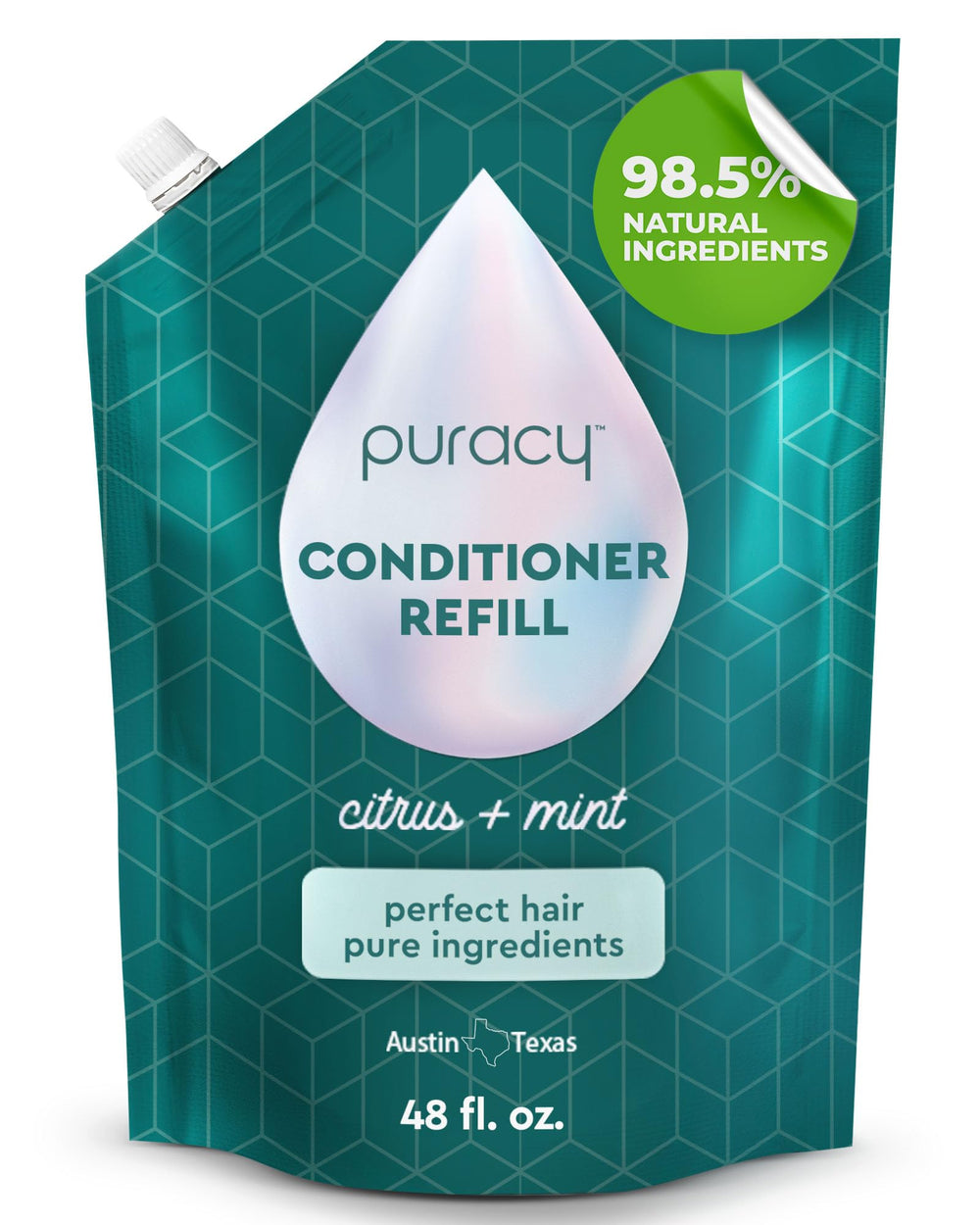 Puracy conditioner bottle on a bathroom shelf delivering silky, manageable hair.