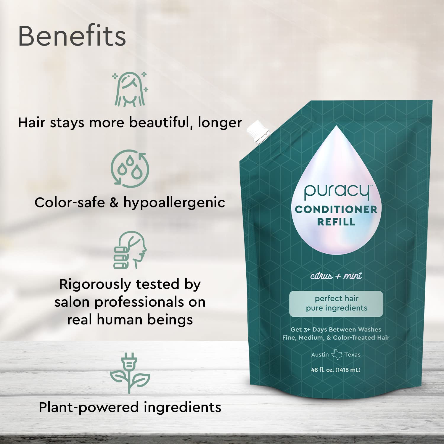 Puracy conditioner ingredients closeup highlights plant-powered formula for gentle cleansing.
