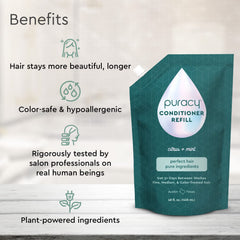 Puracy conditioner ingredients closeup highlights plant-powered formula for gentle cleansing.