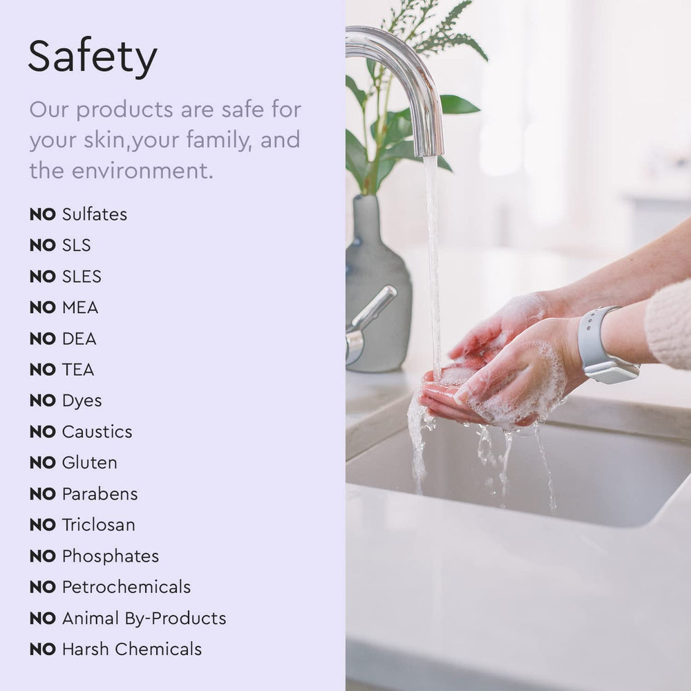Puracy foaming-hand-soap lavender-vanilla-bubbles-shower-sink shows versatile use in kitchen or bath