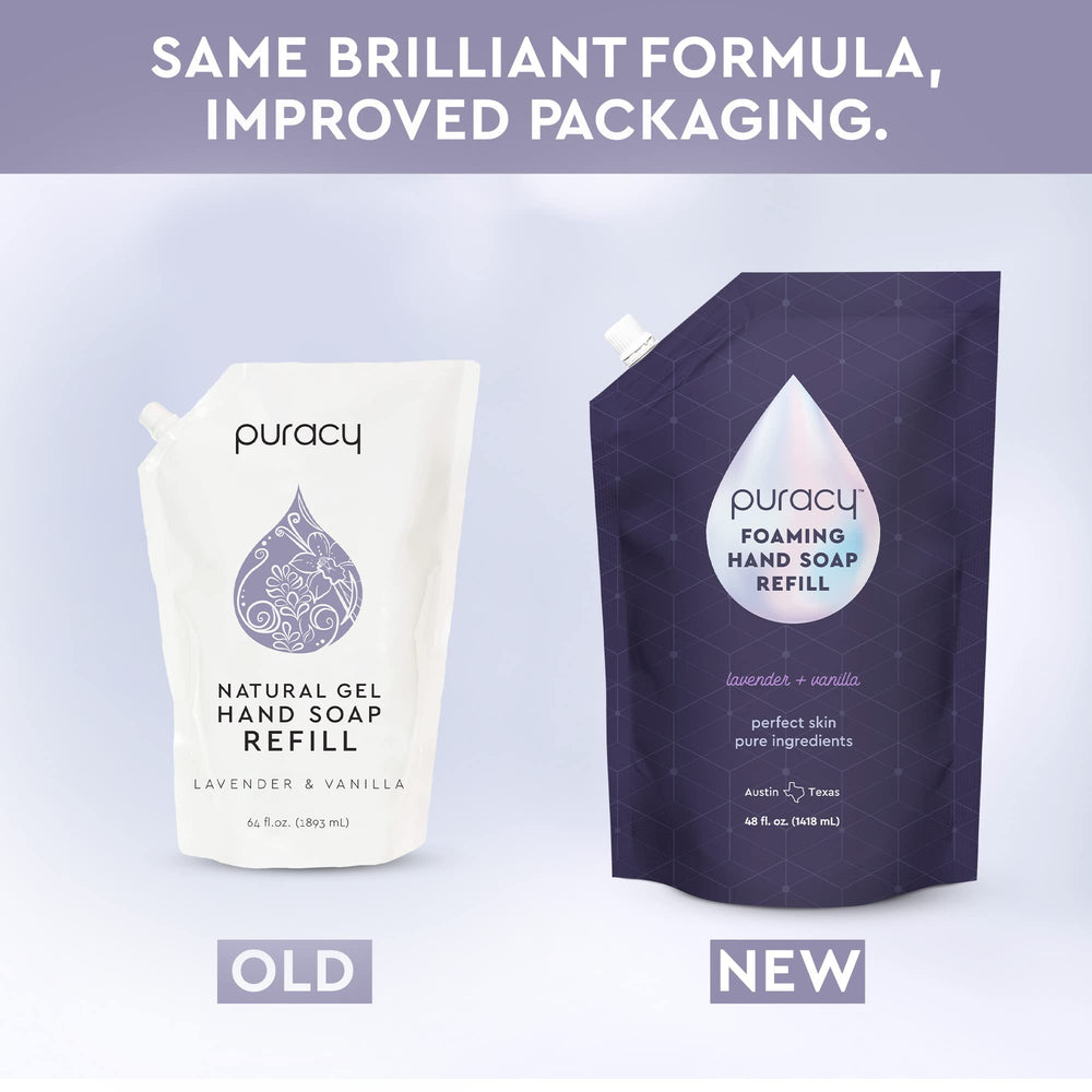 Puracy foaming hand soap lavender vanilla label front shows plant-powered, non-toxic formula