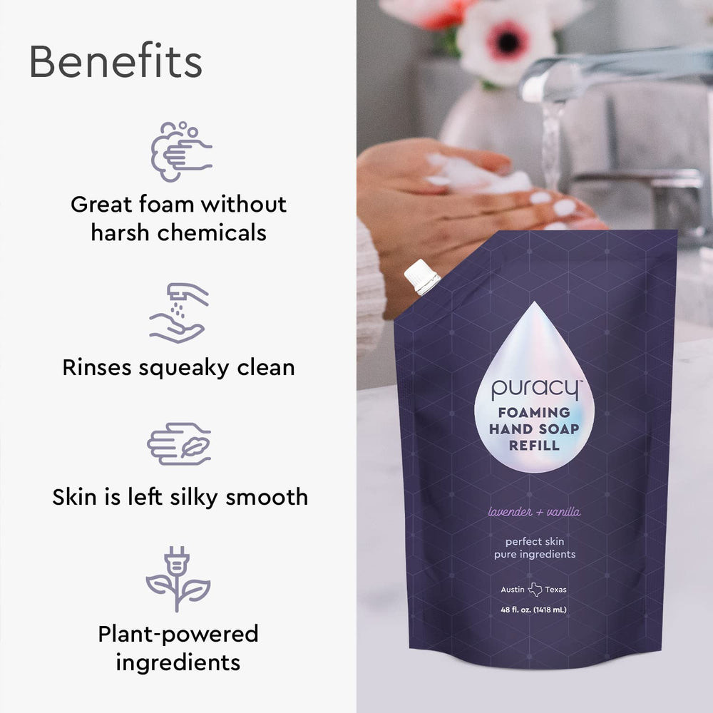 Puracy foaming hand soap lavender vanilla lather closeup highlights rich foam for gentle cleansing at home