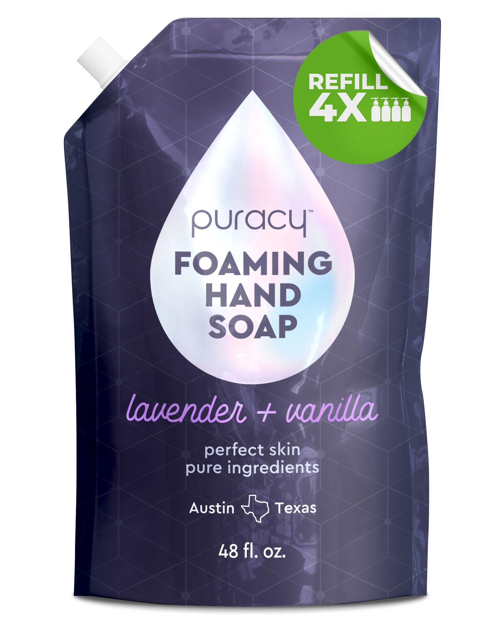 Puracy foaming hand soap lavender vanilla refill bottle delivers moisturizing foam for daily hand care