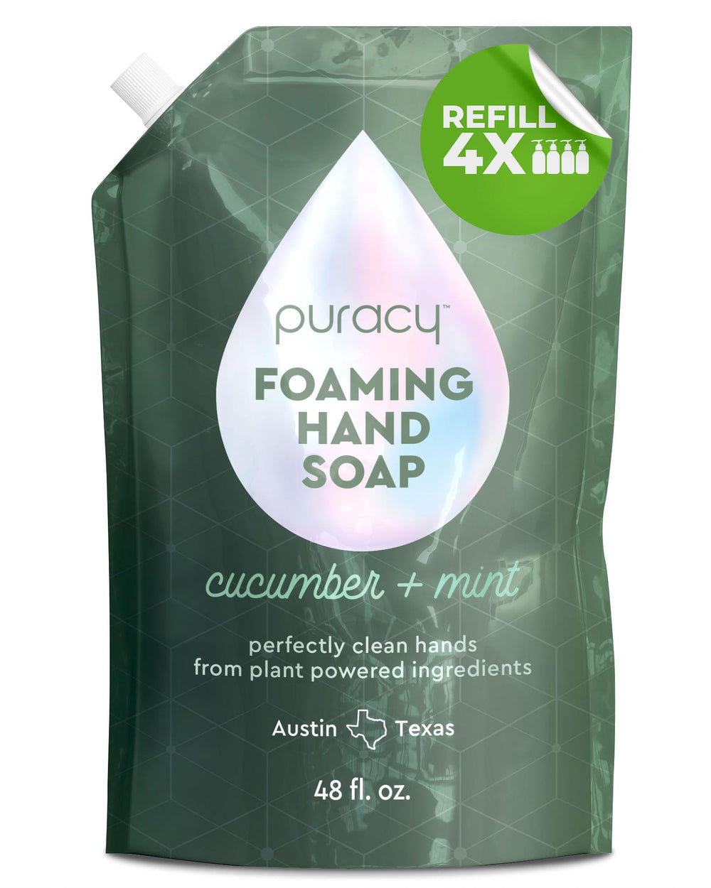 Puracy Foaming Hand Soap refill bottle shows cucumber mint scent for refreshing handwashing.