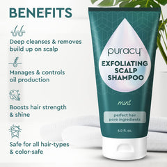 Puracy Scalp Scrub bottle back highlights ingredients and all-hair suitability.