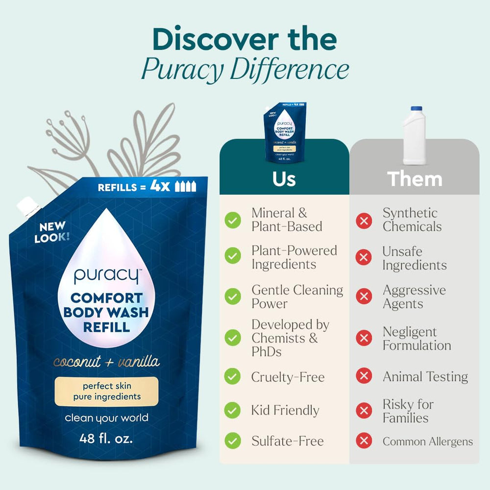 Puracy shower scene showcases plush lather and calming coconut-vanilla scent.
