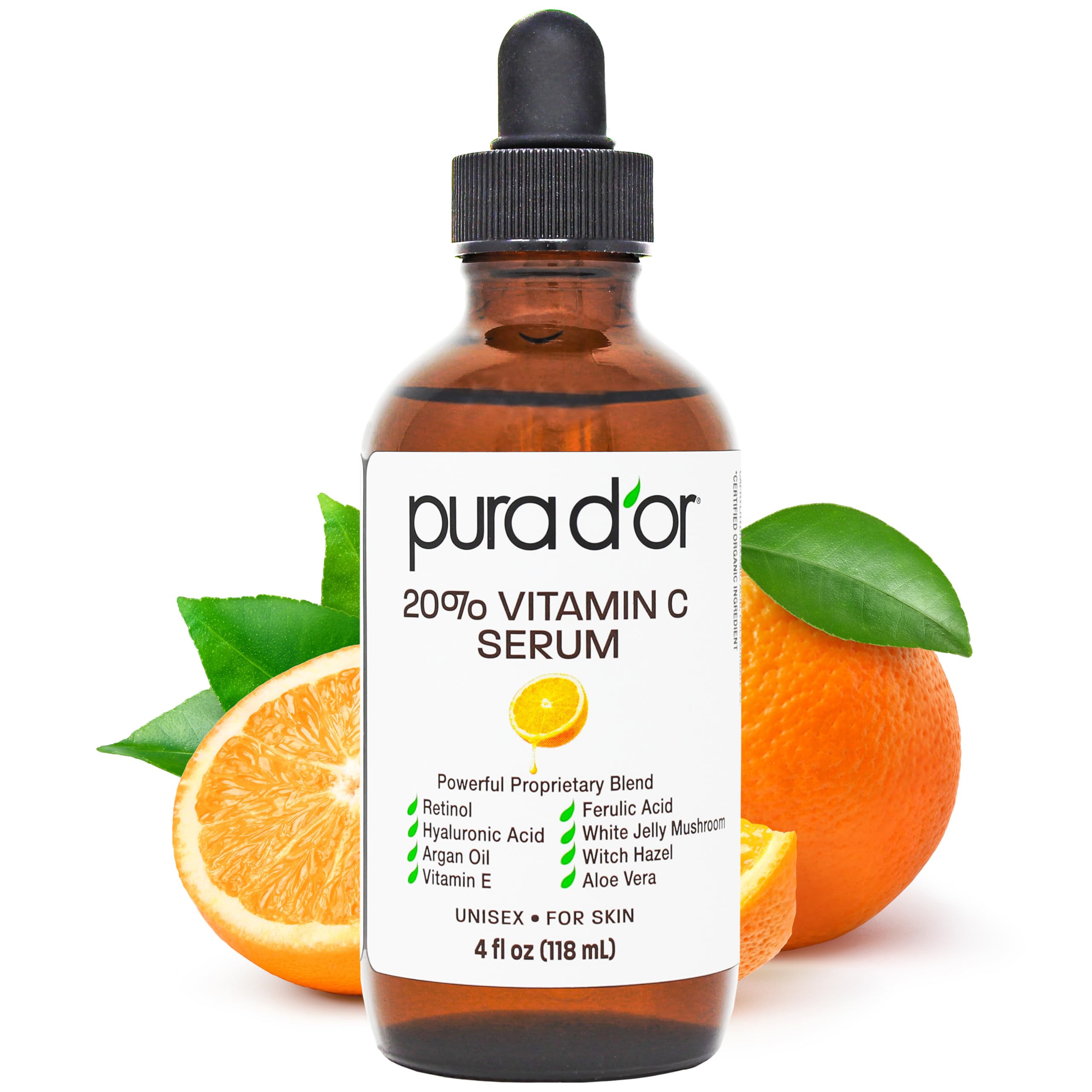 PURA D'OR 20% Vitamin C Serum bottle closeup highlights hydration
