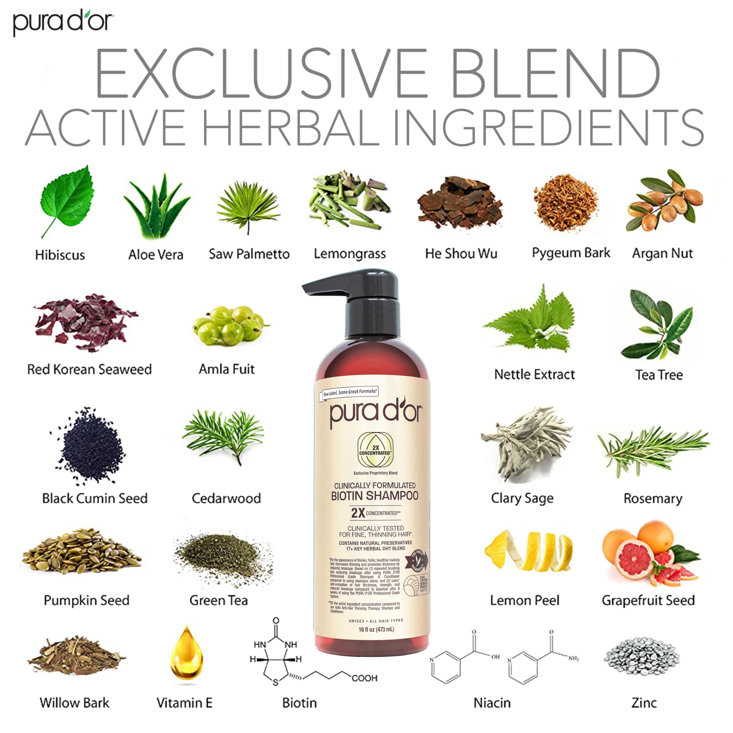 PURA D'OR Biotin Shampoo bottle pouring with a rich lather for daily scalp care.
