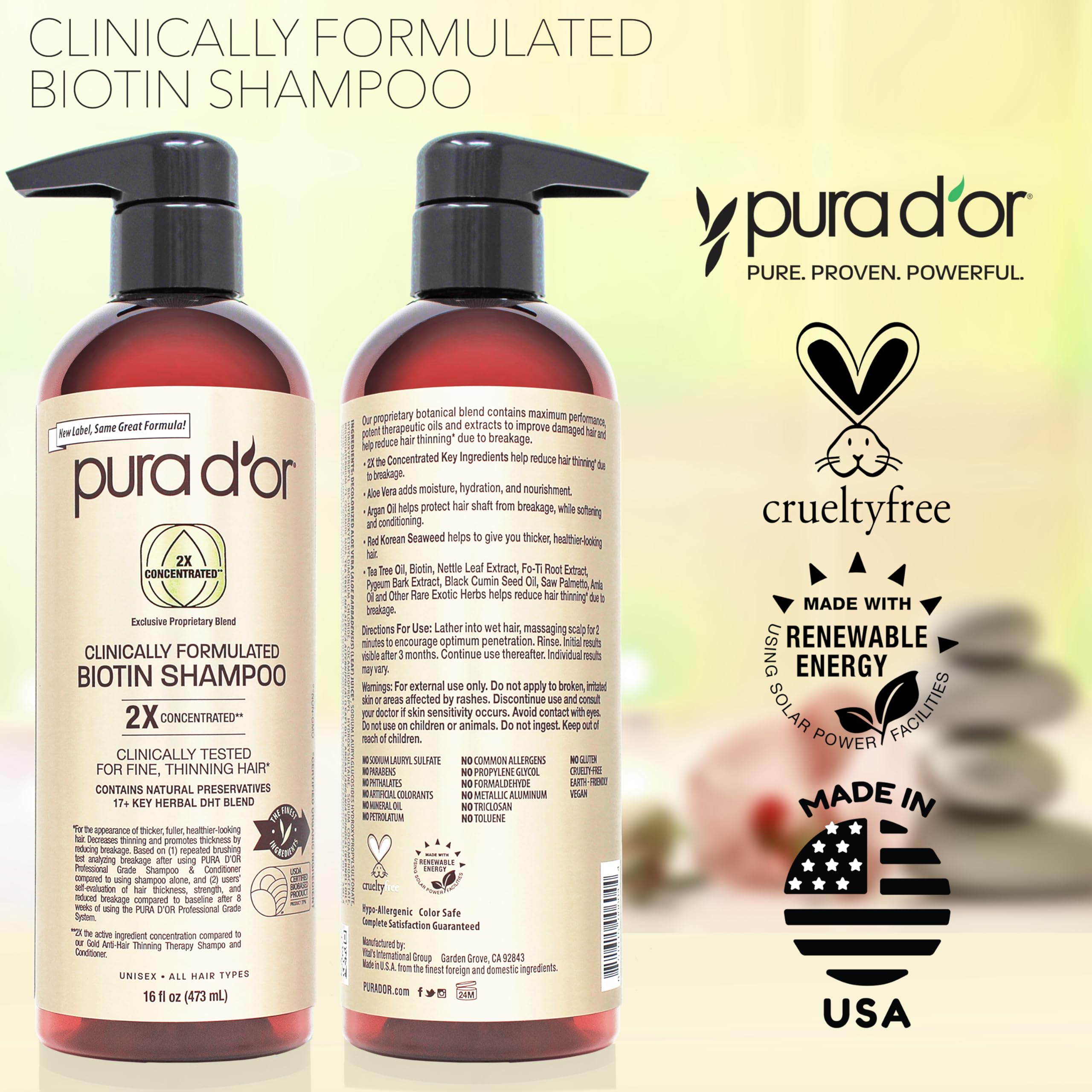 PURA D'OR shampoo hands applying foamy lather for dry-damaged hair care.