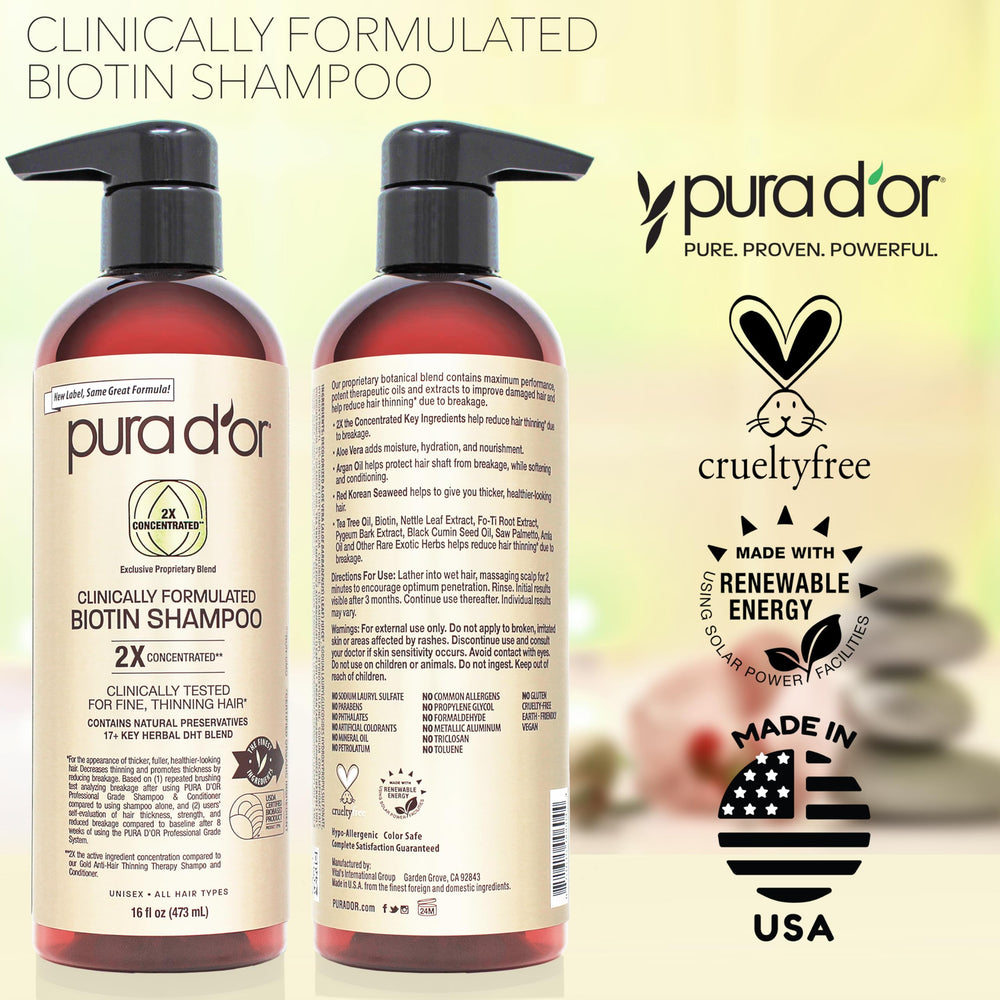 PURA D'OR shampoo hands applying foamy lather for dry-damaged hair care.