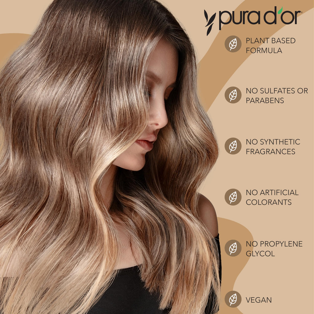PURA D'OR shampoo label showcases nettle, pumpkin seed, and black cumin oil benefits.