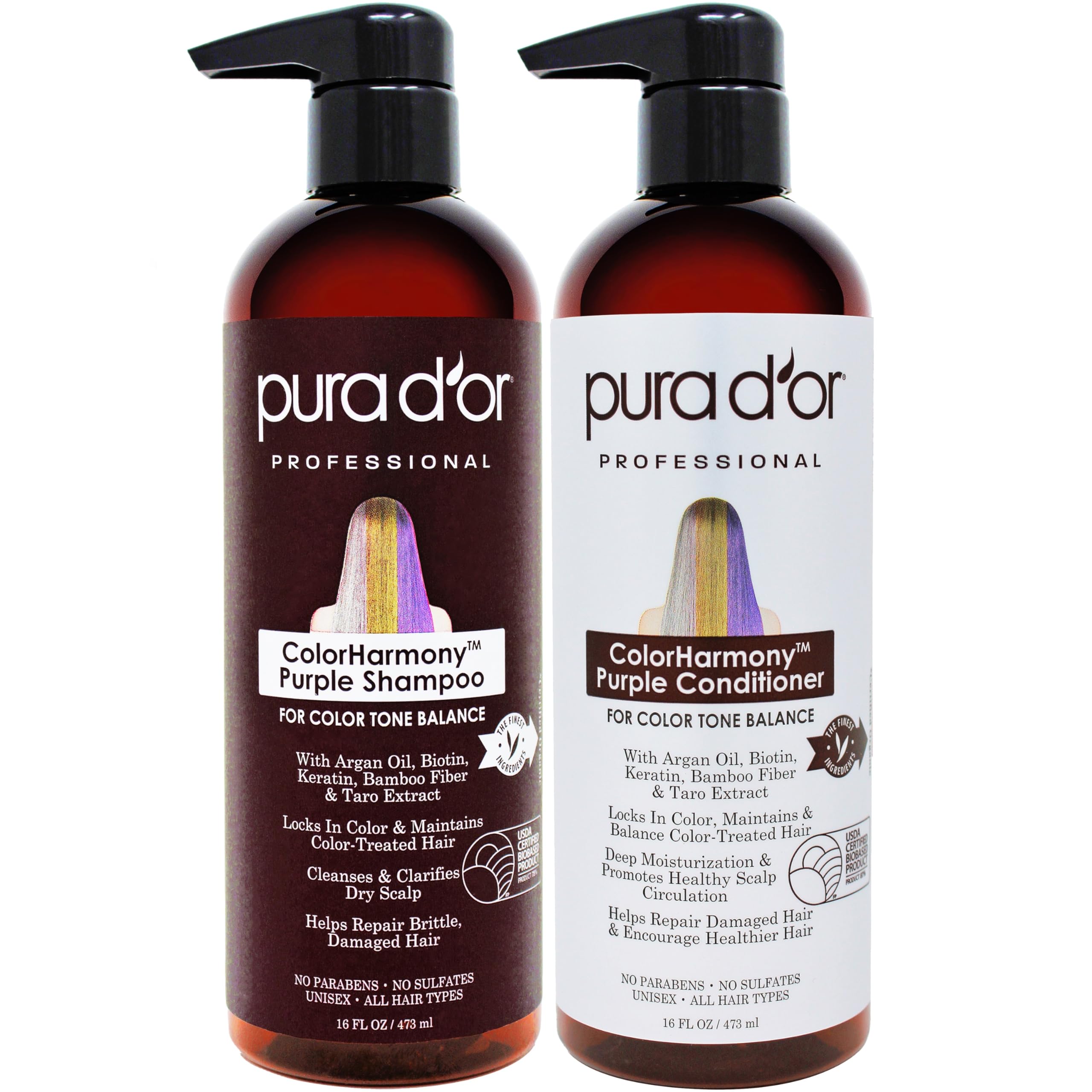 PURA D'OR Color Harmony purple shampoo bottle tones color-treated hair for brassiness reduction