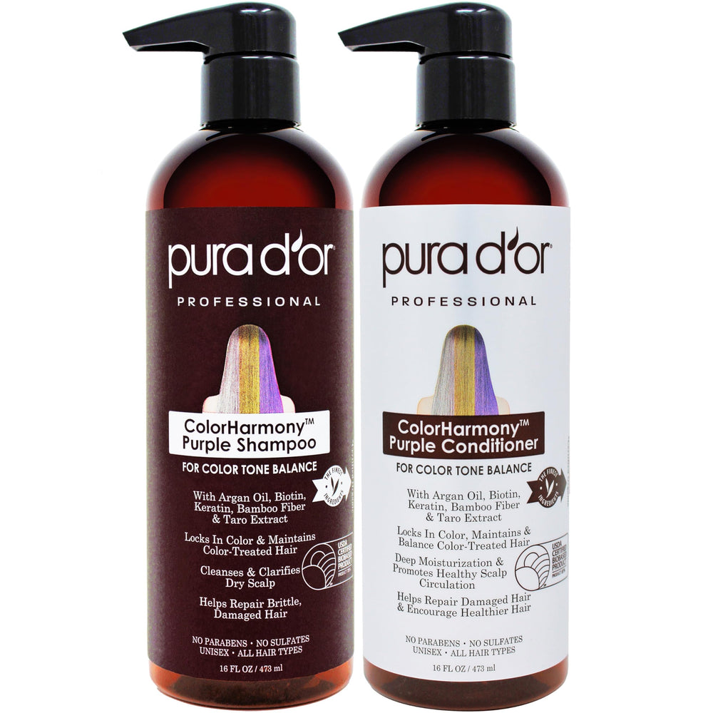 PURA D'OR Color Harmony purple shampoo bottle tones color-treated hair for brassiness reduction