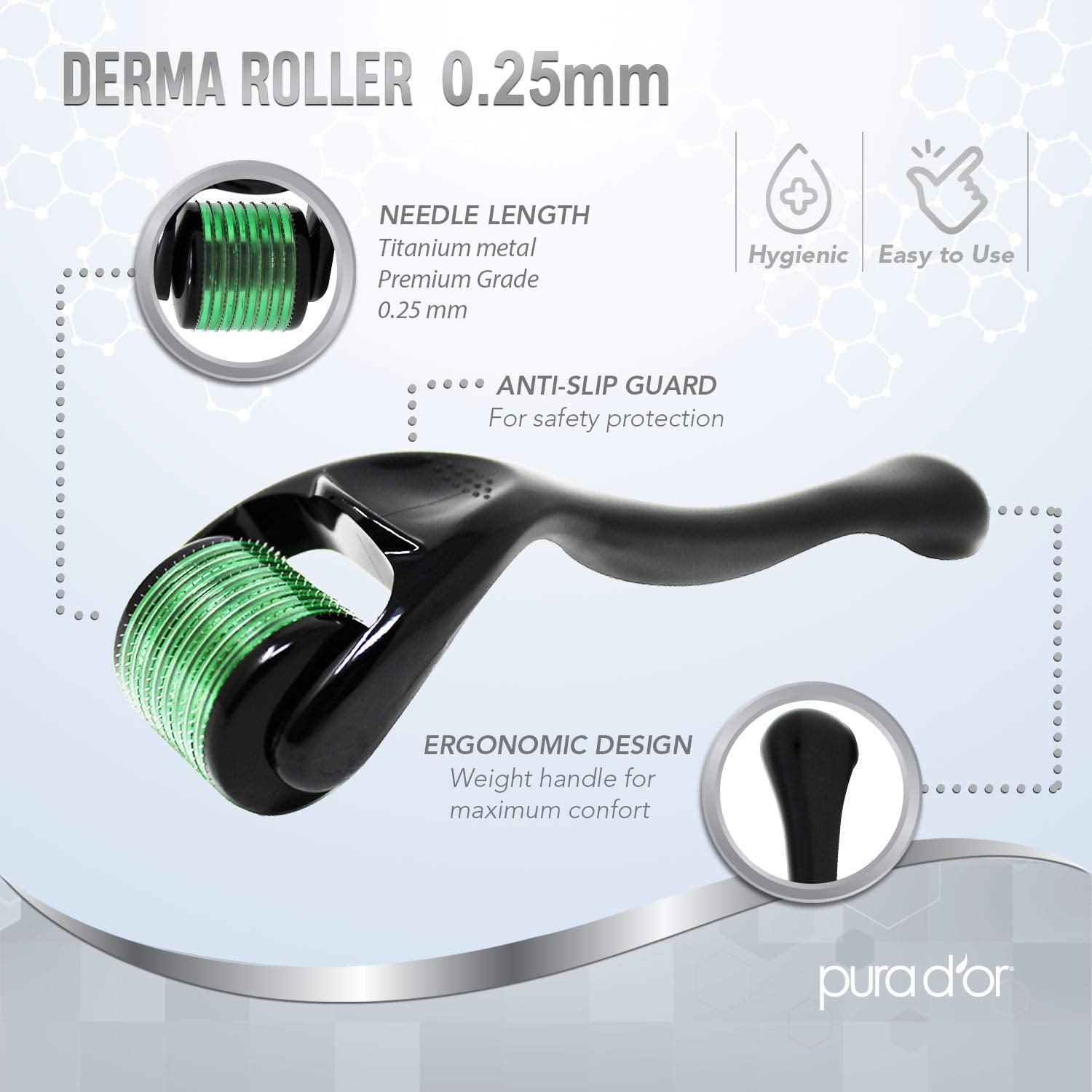 PURA D'OR derma roller in use on cheek for micro-exfoliation