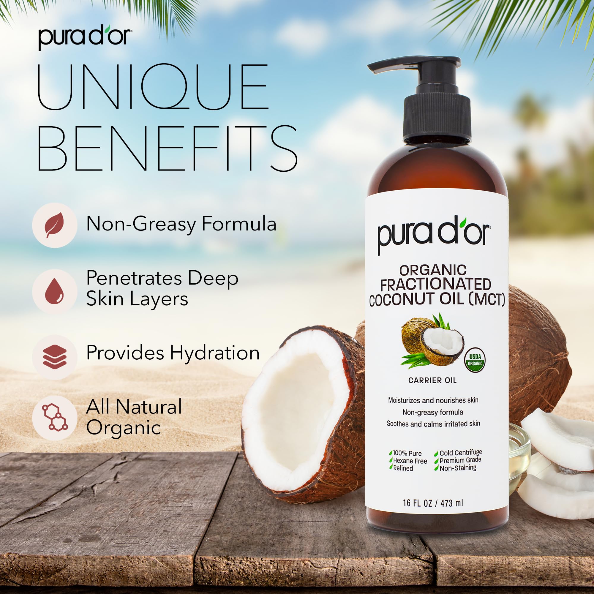 PURA D'OR label close-up highlighting USDA organic status and hexane-free formula