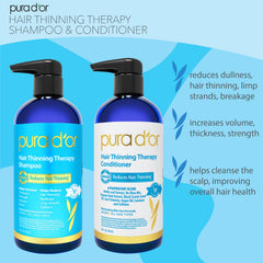 PURA D'OR Hair Thinning Therapy Conditioner bottle demonstrates smoothing and strengthening for daily use.
