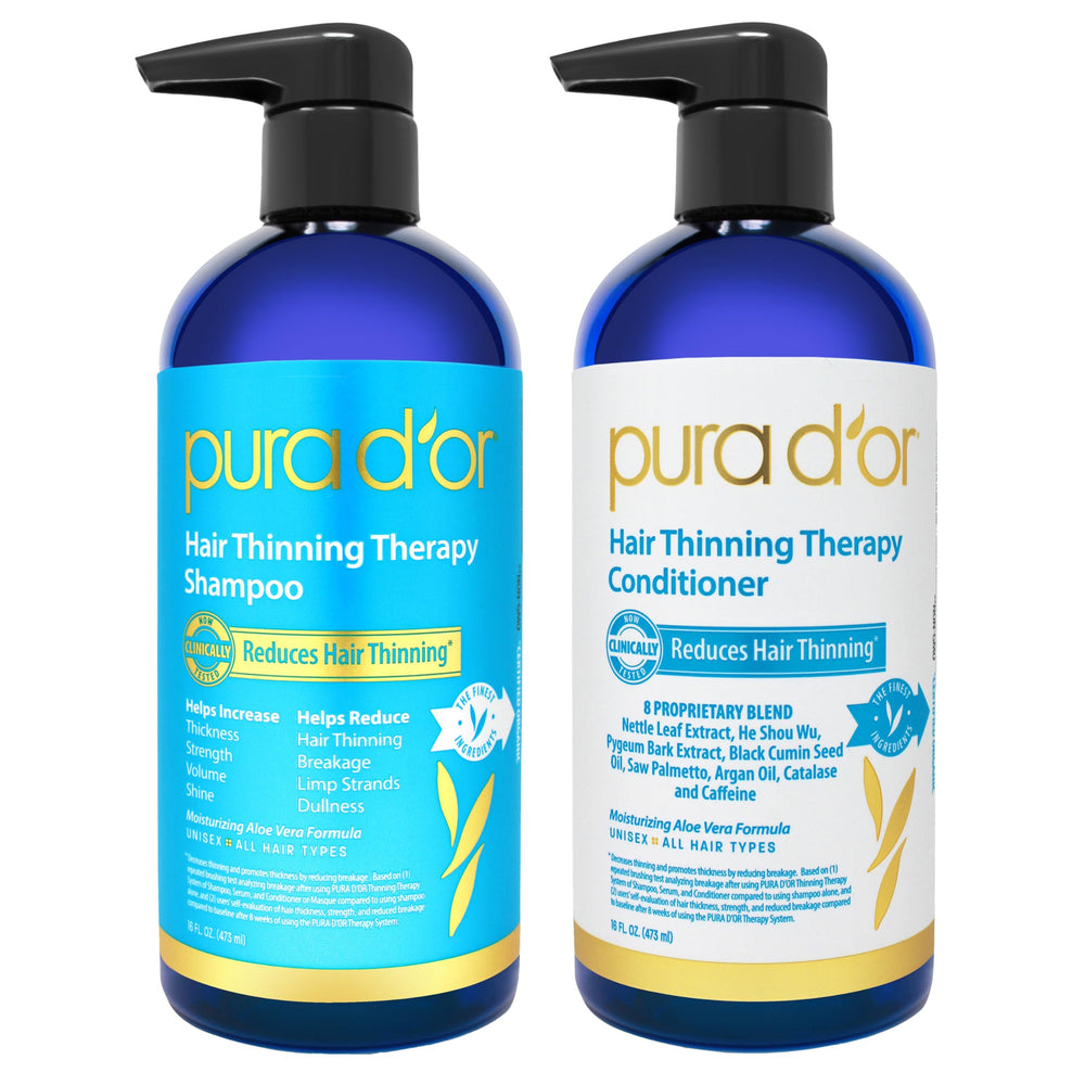 PURA D'OR Hair Thinning Therapy Shampoo bottle reveals thickening formula for fuller hair.