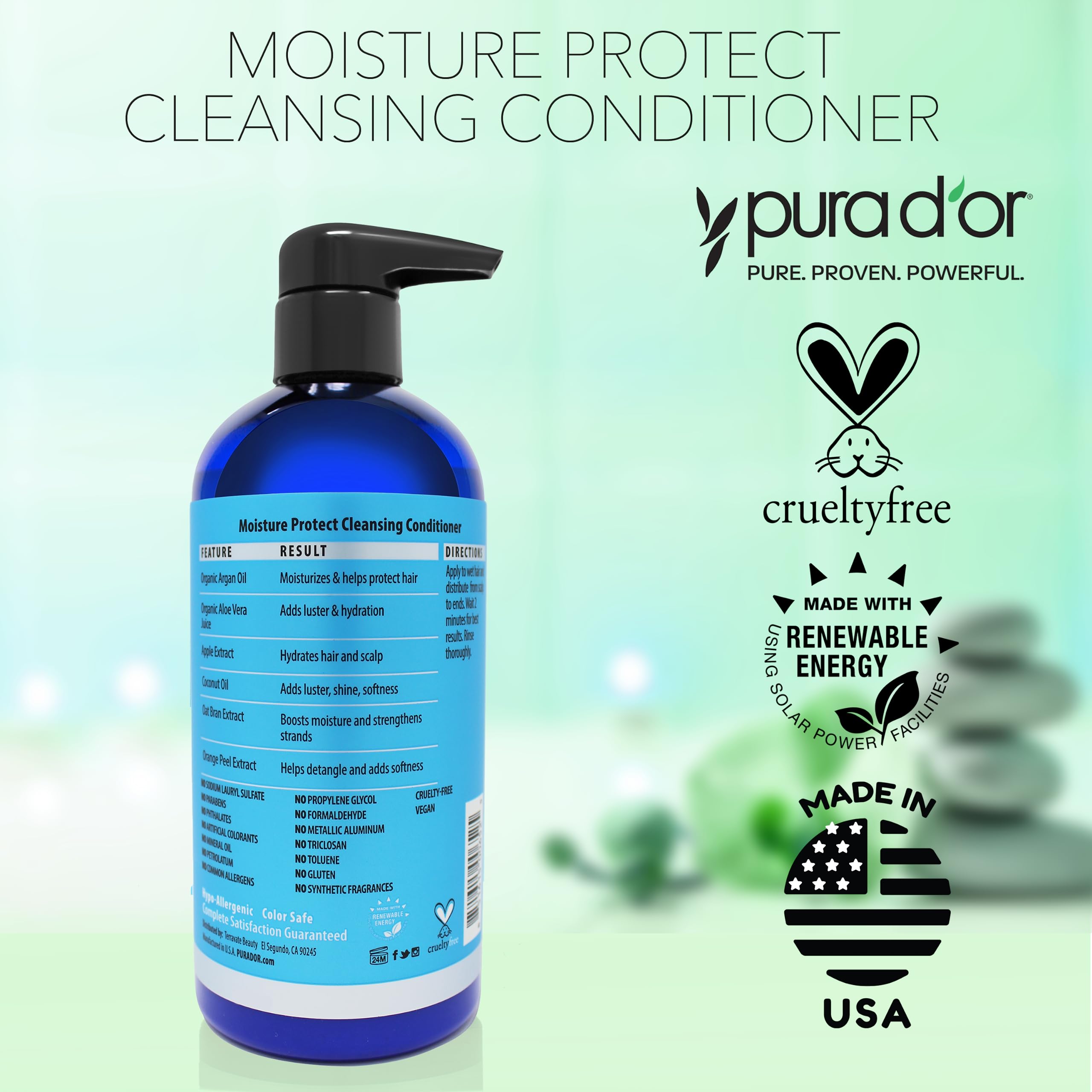 PURA D'OR Moisture Protect bottle in a bathroom setup showing all hair types use.