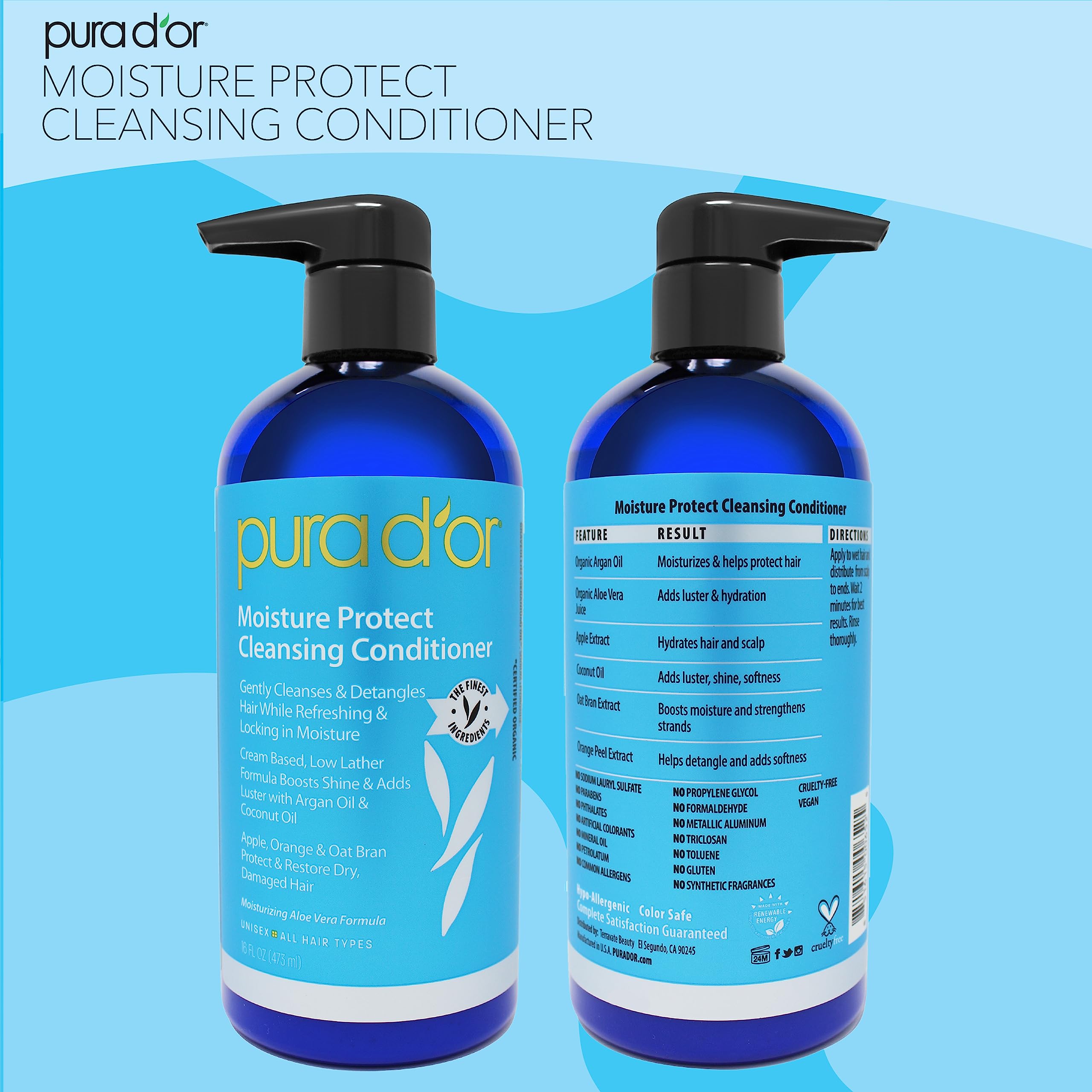 PURA D'OR Moisture Protect packaging label emphasizes sulfate- and parabens-free formula.