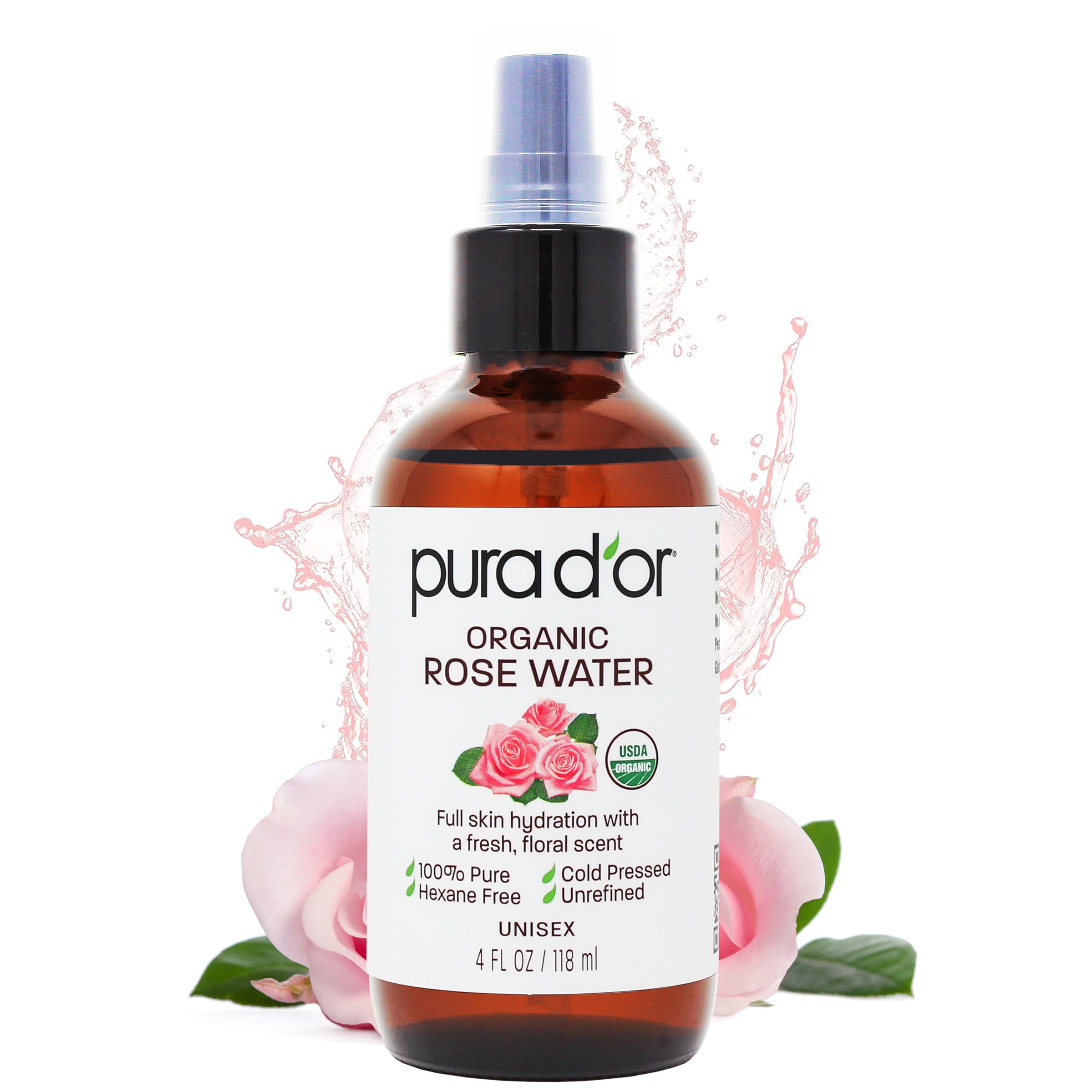 PURA D'OR Rose Water Toner bottle closeup highlighting hydrating, skin-refreshing promise.