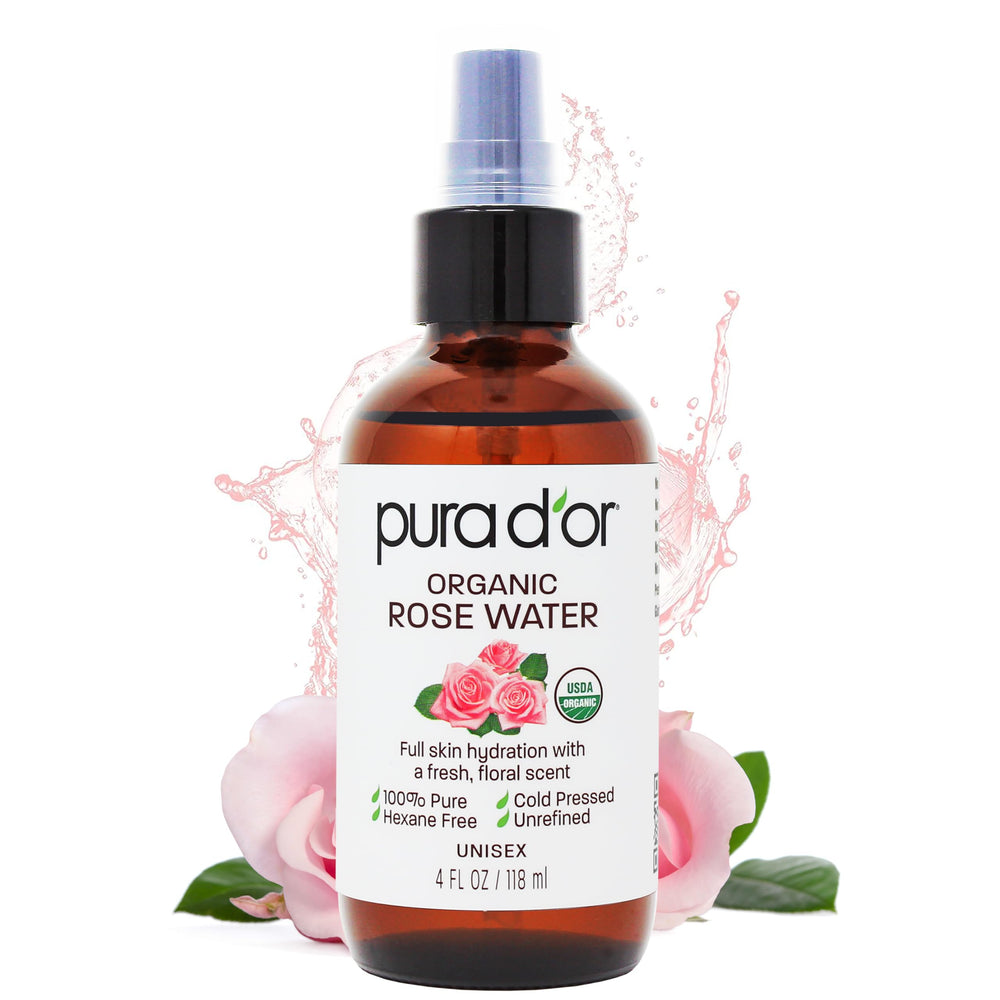 PURA D'OR Rose Water Toner bottle closeup highlighting hydrating, skin-refreshing promise.